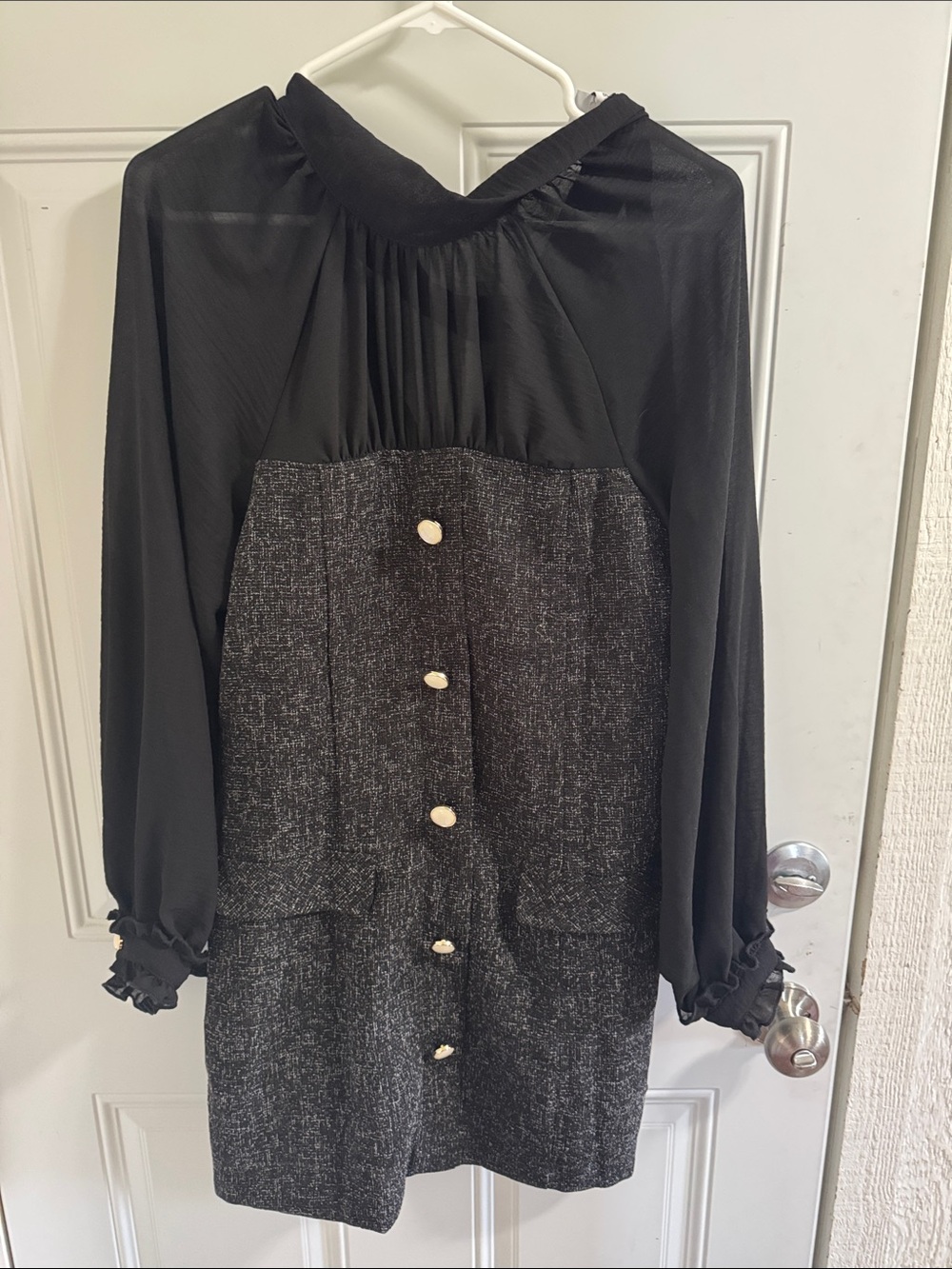 Black Long-Sleeve Two-Tone Dress with Button Front
